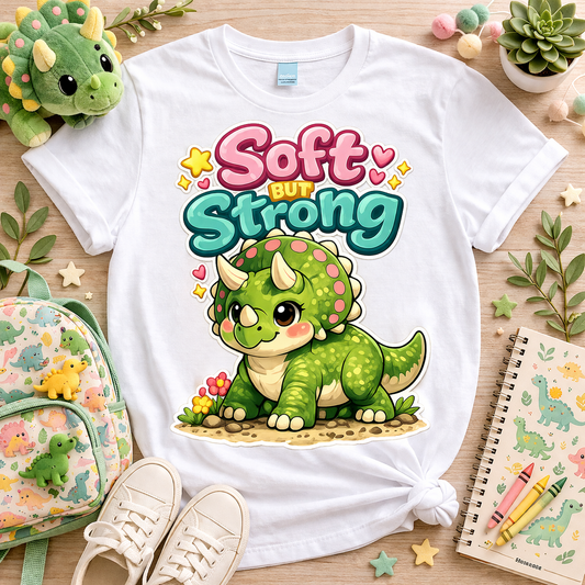 Soft but strong triceratops graphic tee on white shirt with cute dinosaur design hearts and pastel colors empowering soft aesthetic outfit flat lay