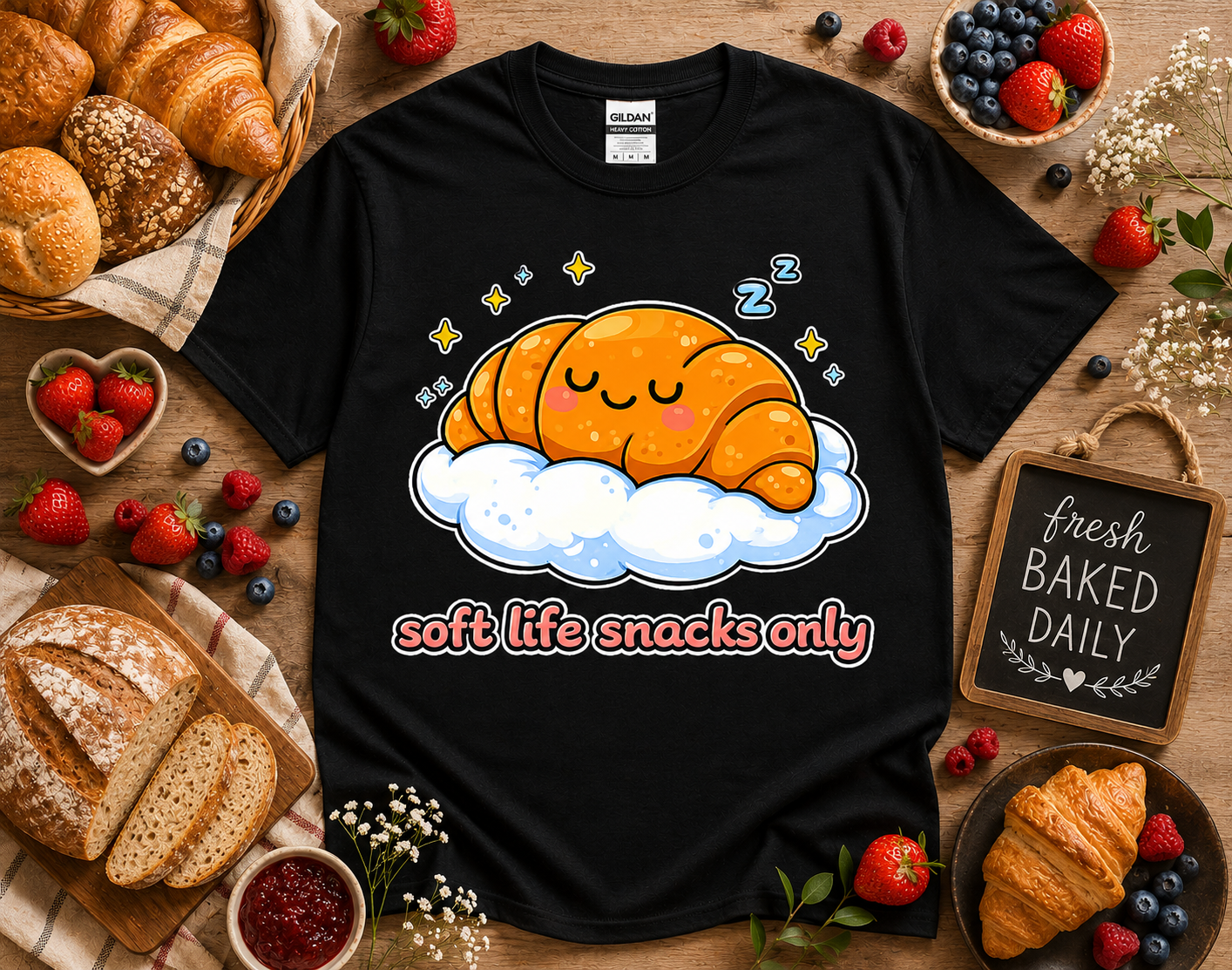 Black Gildan 5000 kawaii bakery croissant graphic t shirt featuring soft life snacks only design styled with bakery props pastries and berries for trendy foodie streetwear and cozy aesthetic apparel shoppers in California
