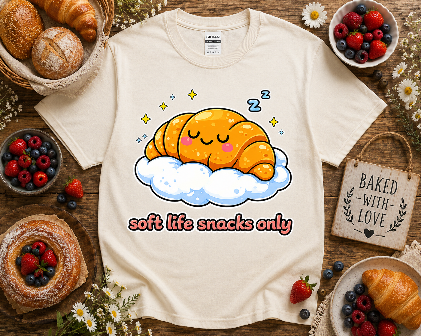 Neutral aesthetic bakery themed croissant graphic t shirt on natural Gildan 5000 with cozy soft life snacks only artwork and bakery props styled for cute foodie fashion lovers and small business boutique shoppers in California