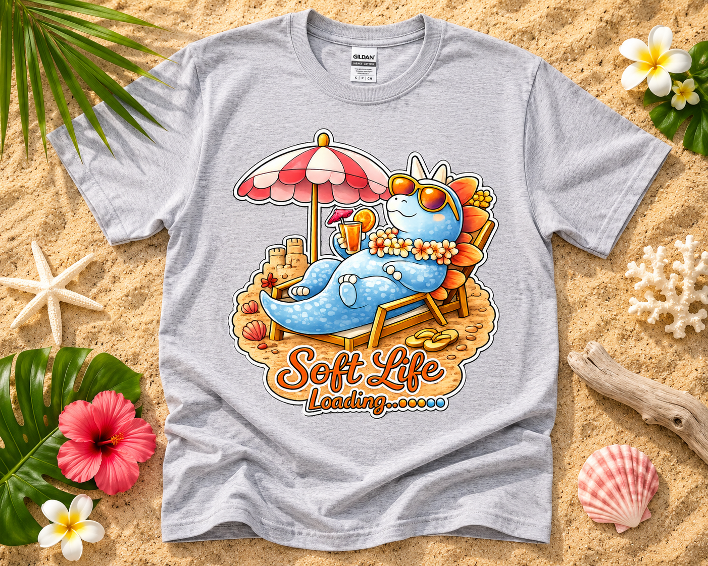 Soft Life Stegosaurus dinosaur graphic tee on sport gray Gildan shirt with tropical vacation beach flatlay cute summer dinosaur apparel