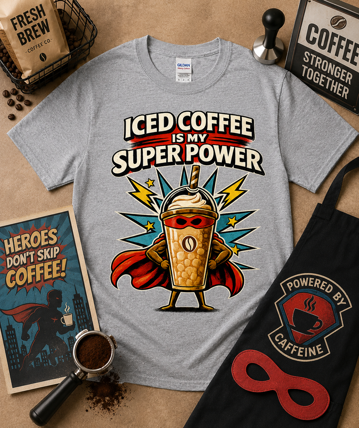 Iced Coffee Is My Super Power retro comic coffee superhero graphic shirt on Sport Gray Gildan 5000 Classic Heavy Cotton with funny iced coffee hero artwork ideal gift for coffee enthusiasts baristas café workers and comic book fans across America