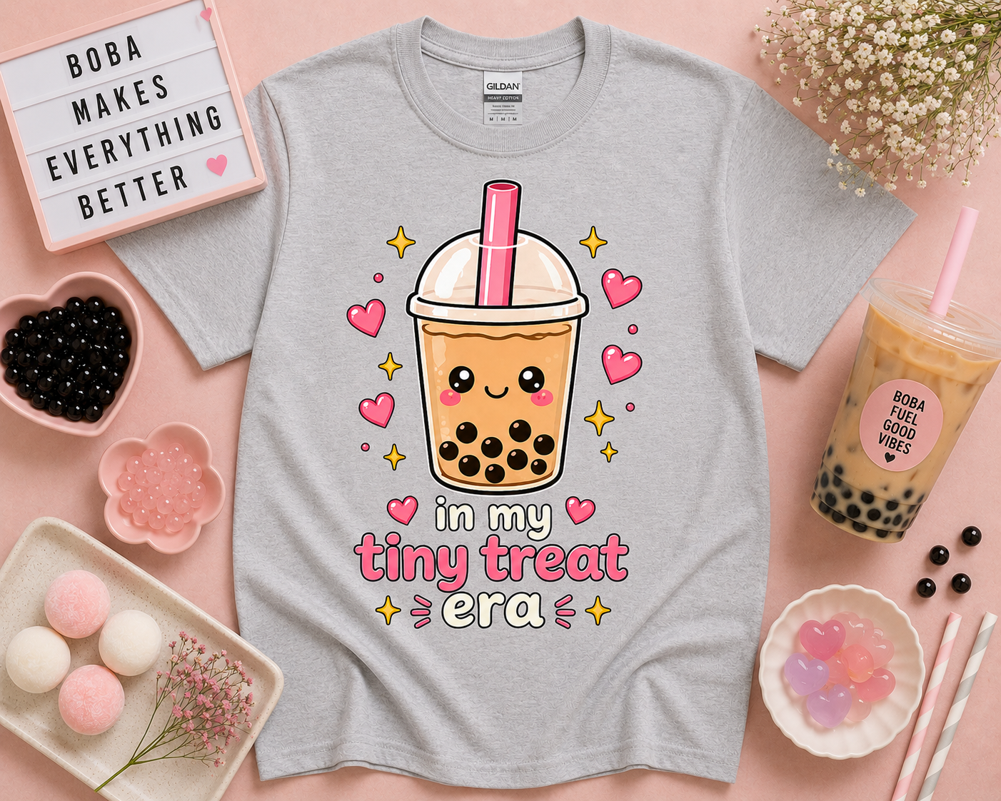 Sport gray kawaii bubble tea graphic shirt featuring in my tiny treat era design with pink hearts and pastel boba aesthetic for trendy casual soft life clothing and snack themed fashion