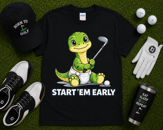 Funny golf dinosaur t shirt in black featuring baby golf dino holding golf club