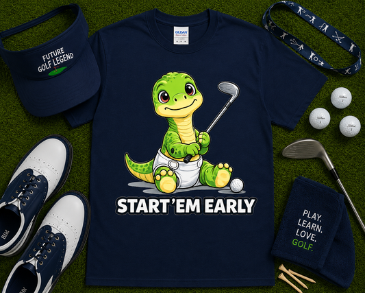 Navy funny golf dino shirt with baby dinosaur golf design