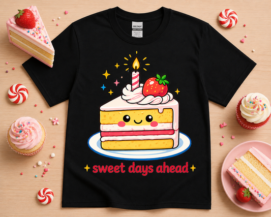 Cute kawaii strawberry cake graphic tee on black Gildan 5000 shirt with sweet days ahead design bakery boutique aesthetic funny dessert lover unisex t shirt for women teens and girls