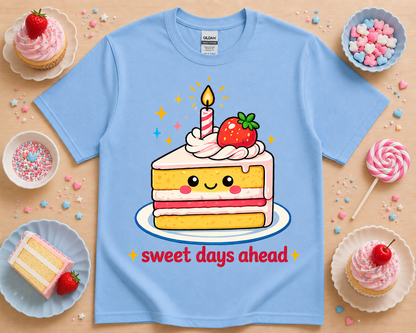 Carolina blue cute cake graphic t shirt with sweet days ahead quote kawaii bakery aesthetic dessert lover unisex tee for women teens and pastel fashion fans