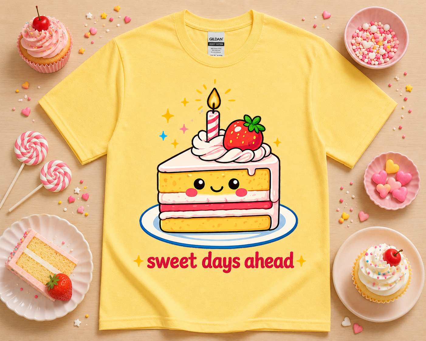 Daisy yellow kawaii strawberry cake shirt with sweet days ahead quote cute bakery boutique aesthetic dessert graphic tee for women girls teens and food lovers