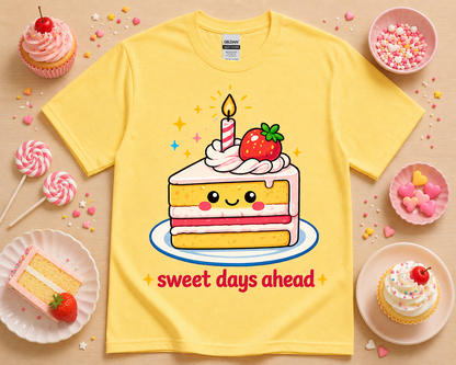 Daisy yellow kawaii strawberry cake shirt with sweet days ahead quote cute bakery boutique aesthetic dessert graphic tee for women girls teens and food lovers
