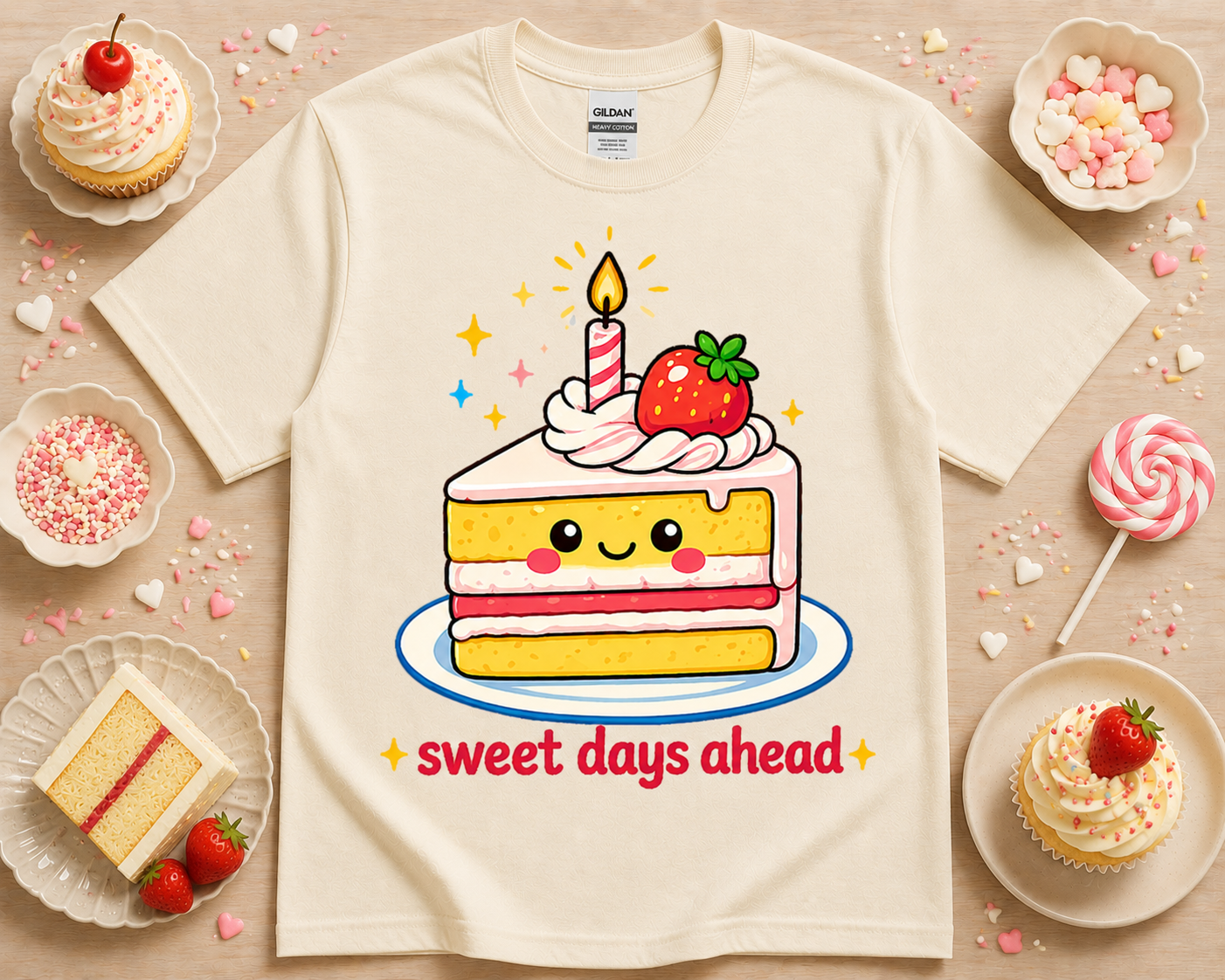 Natural cream kawaii dessert graphic tee with sweet days ahead cake illustration soft bakery aesthetic cute unisex shirt for women teens girls and dessert lovers