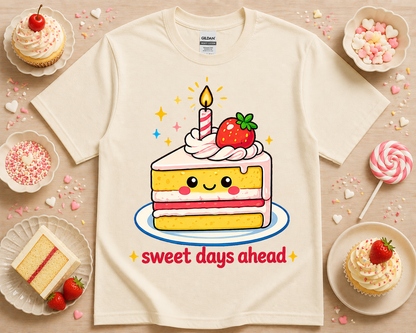 Natural cream kawaii dessert graphic tee with sweet days ahead cake illustration soft bakery aesthetic cute unisex shirt for women teens girls and dessert lovers