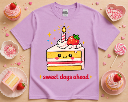 Orchid purple kawaii cake shirt with sweet days ahead saying cute pastel bakery boutique aesthetic dessert graphic tee for women teens kids and cake lovers