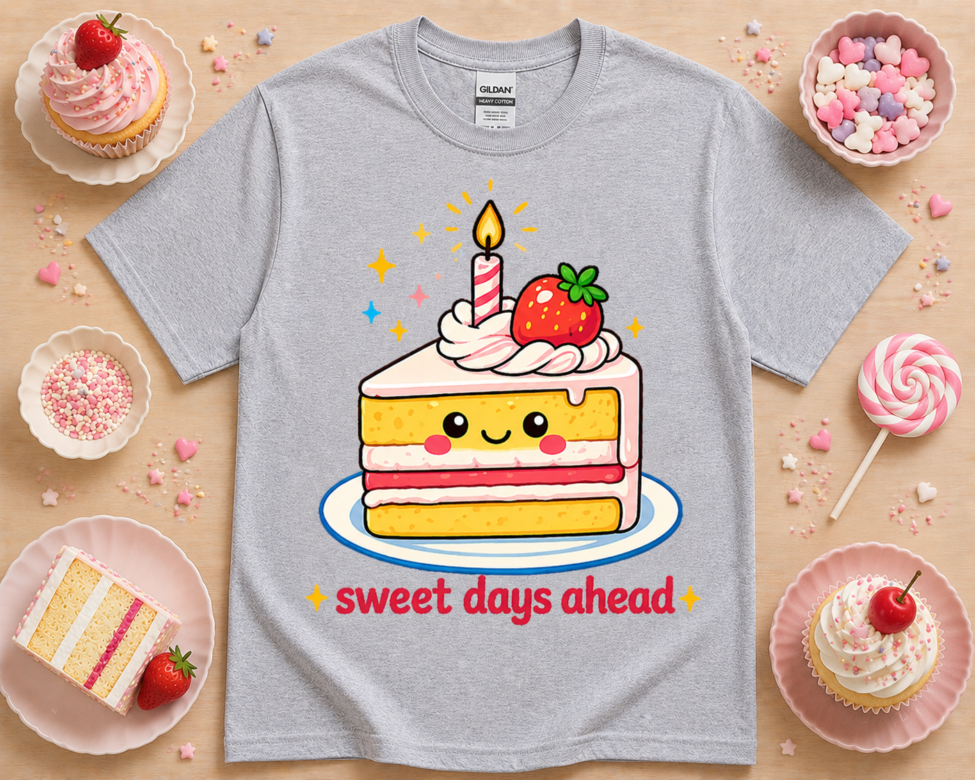 Sport gray cute kawaii cake graphic t shirt with sweet days ahead bakery aesthetic funny dessert lover shirt soft unisex graphic tee for women and teens