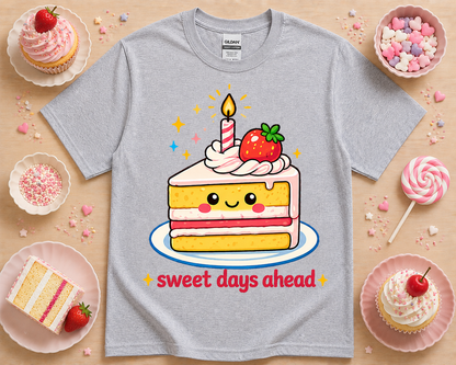 Sport gray cute kawaii cake graphic t shirt with sweet days ahead bakery aesthetic funny dessert lover shirt soft unisex graphic tee for women and teens