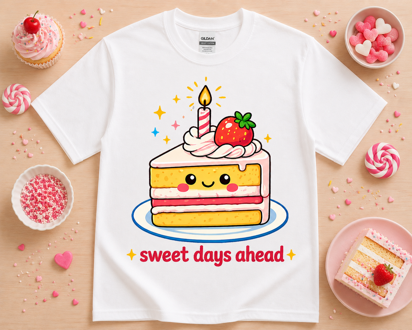 White cute dessert graphic tee with kawaii strawberry cake illustration sweet days ahead quote soft aesthetic bakery style unisex shirt for women teens and girls