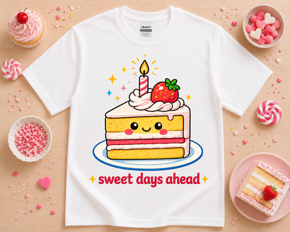 White cute dessert graphic tee with kawaii strawberry cake illustration sweet days ahead quote soft aesthetic bakery style unisex shirt for women teens and girls