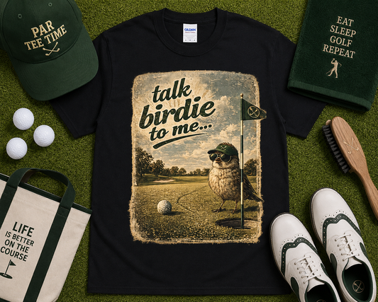 Funny vintage golf t-shirt in black featuring Talk Birdie To Me graphic design with golf bird illustration