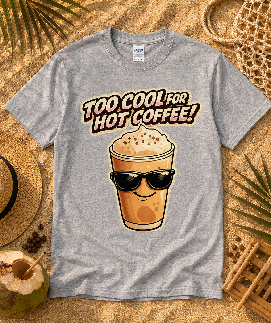 Sport Gray Gildan 5000 Too Cool For Hot Coffee iced coffee graphic shirt flat lay with beach coffee accessories fun summer coffee lover apparel United States