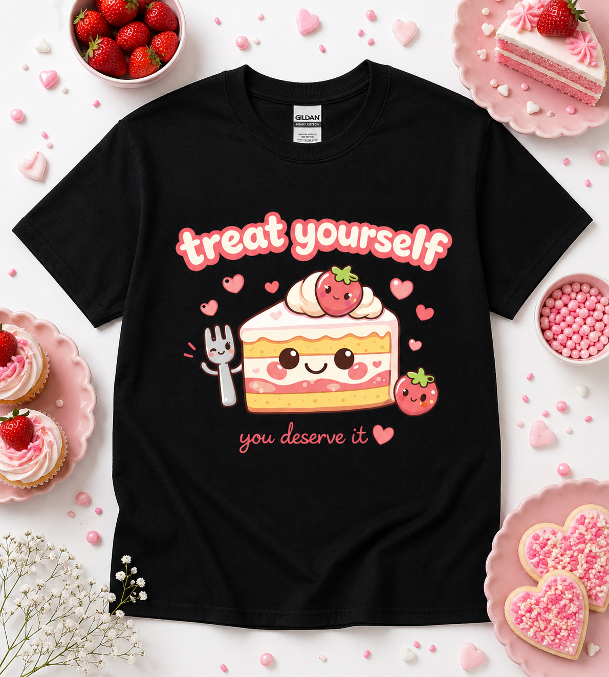 Black Treat Yourself You Deserve It kawaii strawberry cake graphic tee with cute dessert aesthetic flat lay