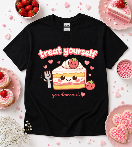 Black Treat Yourself You Deserve It kawaii strawberry cake graphic tee with cute dessert aesthetic flat lay