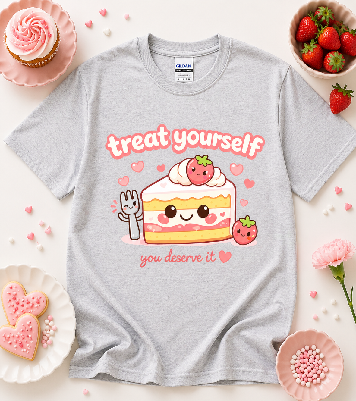 Gray Treat Yourself You Deserve It cute strawberry cake graphic t shirt with pastel dessert artwork