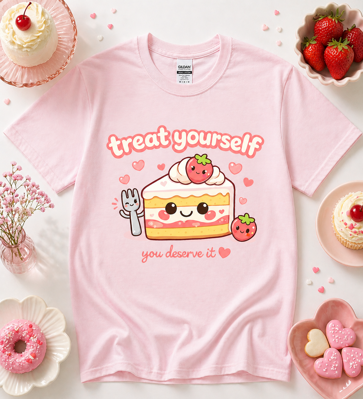 Light pink Treat Yourself You Deserve It kawaii dessert graphic tee with strawberry cake design