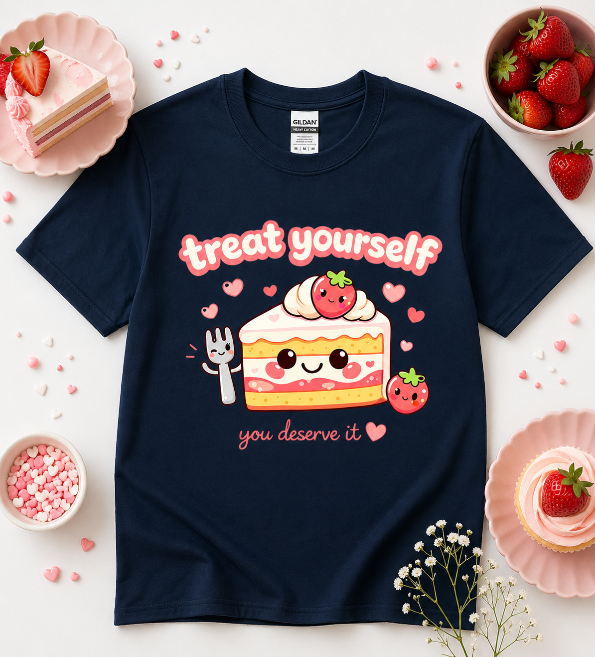 Navy Treat Yourself You Deserve It cute foodie graphic tee with smiling strawberry cake artwork