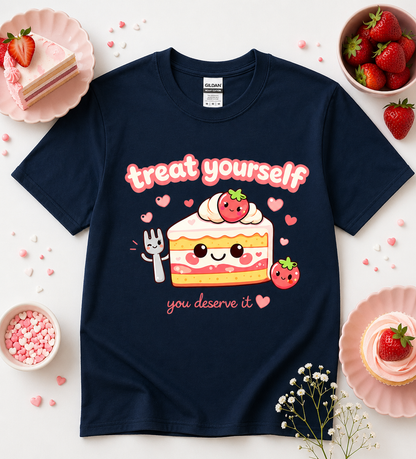 Navy Treat Yourself You Deserve It cute foodie graphic tee with smiling strawberry cake artwork