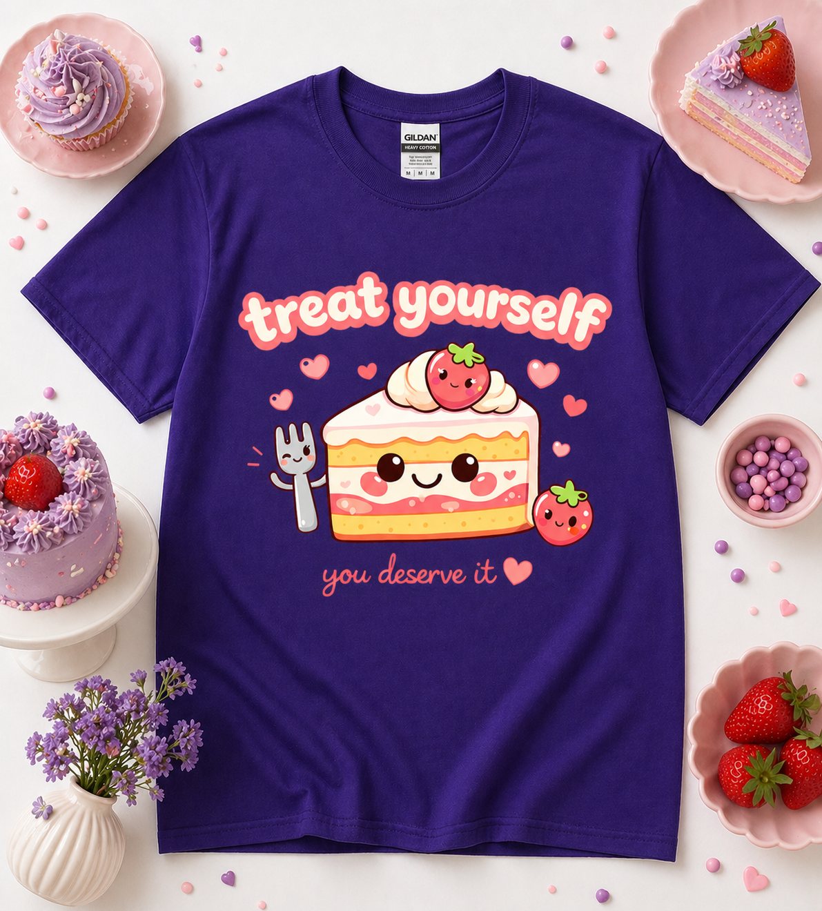 Purple Treat Yourself You Deserve It pastel kawaii cake t shirt with cute dessert illustration