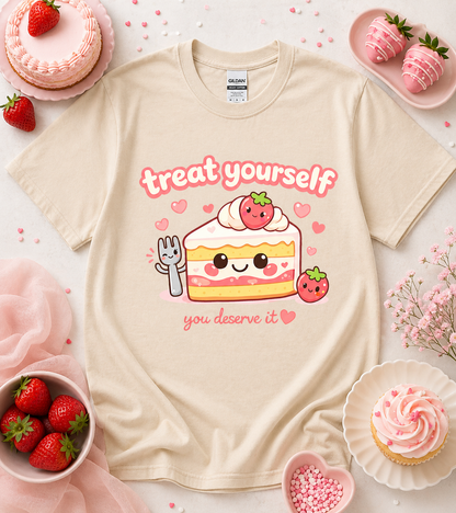 Sand Treat Yourself You Deserve It cute strawberry cake shirt with soft pastel foodie aesthetic