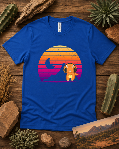 Cute retro triceratops headphones sunset dinosaur shirt on true royal Bella Canvas 3001 premium soft tee