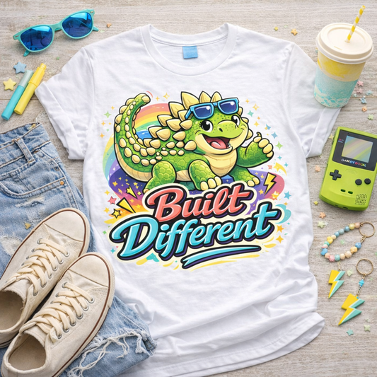 Colorful cartoon ankylosaurus dinosaur shirt with Built Different text rainbow background funny motivational dinosaur graphic tee on white shirt
