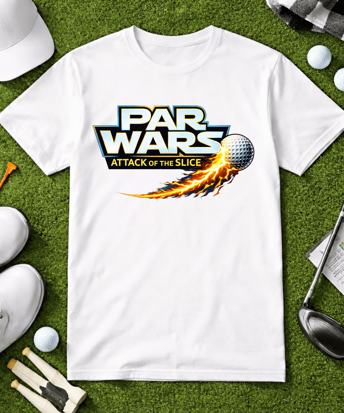 Funny golf shirt with Par Wars Attack of the Slice design featuring flaming golf ball graphic on black and white tee flatlay with golf accessories