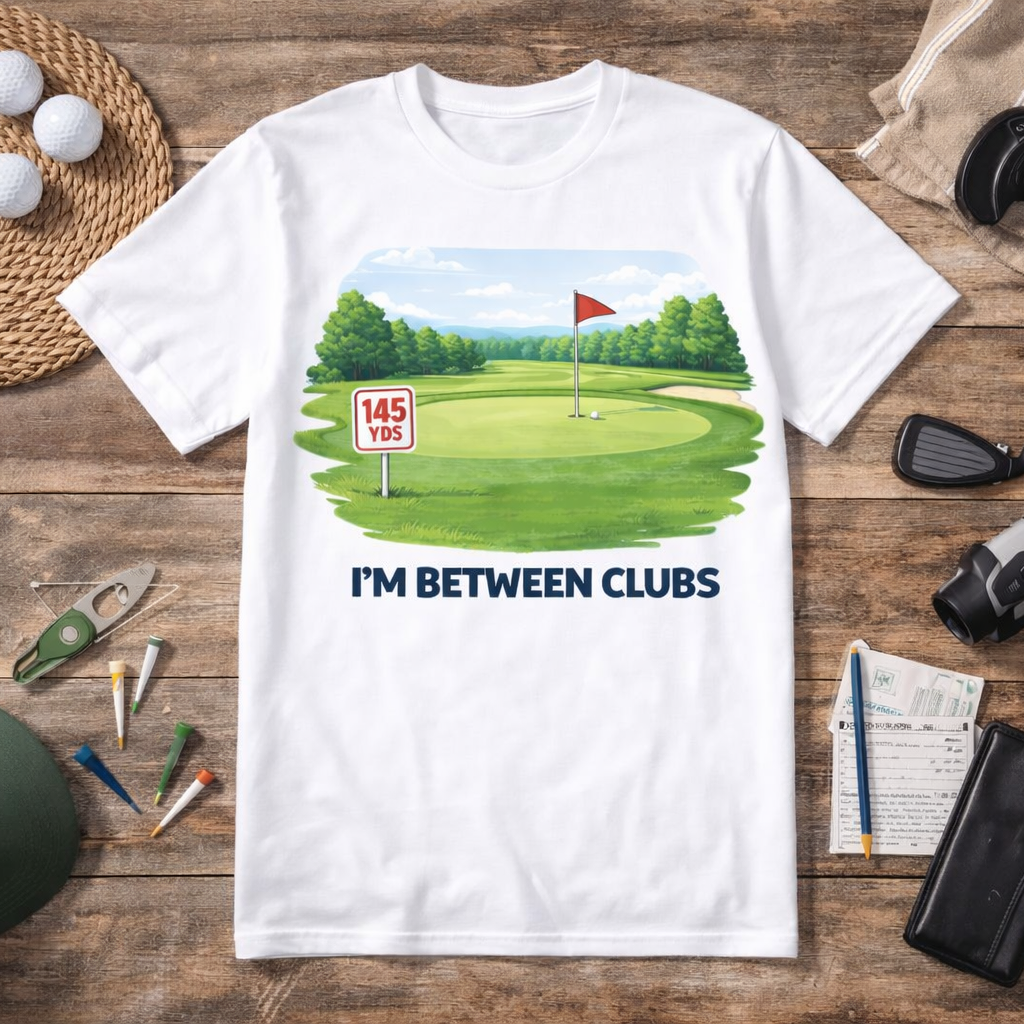 Funny golf shirt with I’m Between Clubs text and golf course graphic on black and white tee flatlay with golf accessories