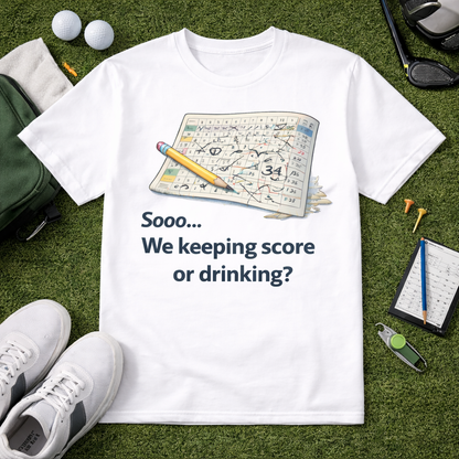 Funny golf shirt with We Keeping Score or Drinking text and scorecard graphic on black and white tee flatlay with golf accessories